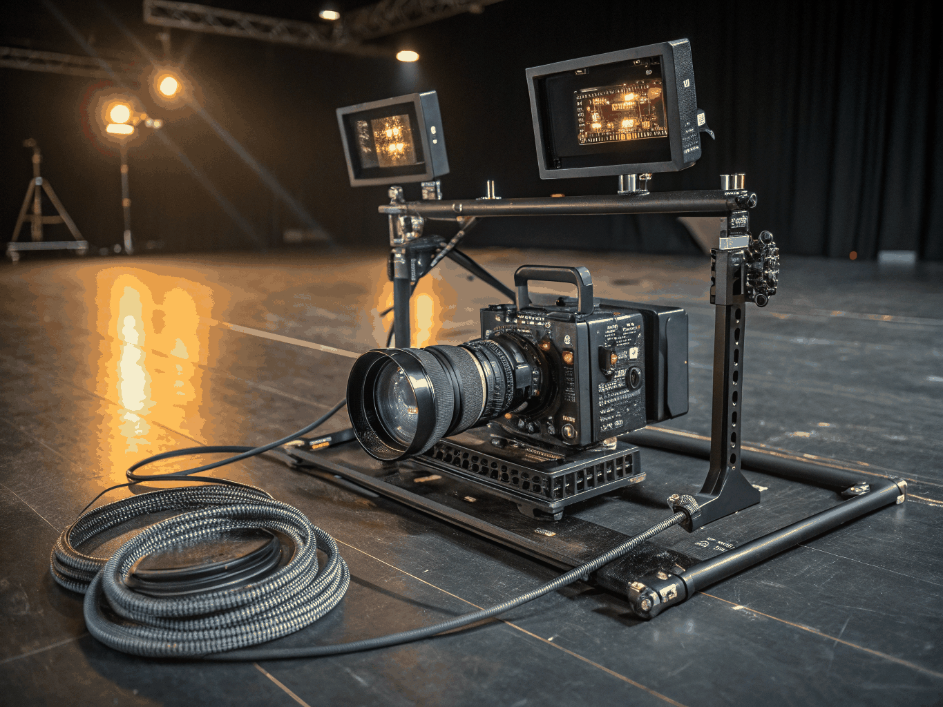 High-end cinema camera rig on a dark set