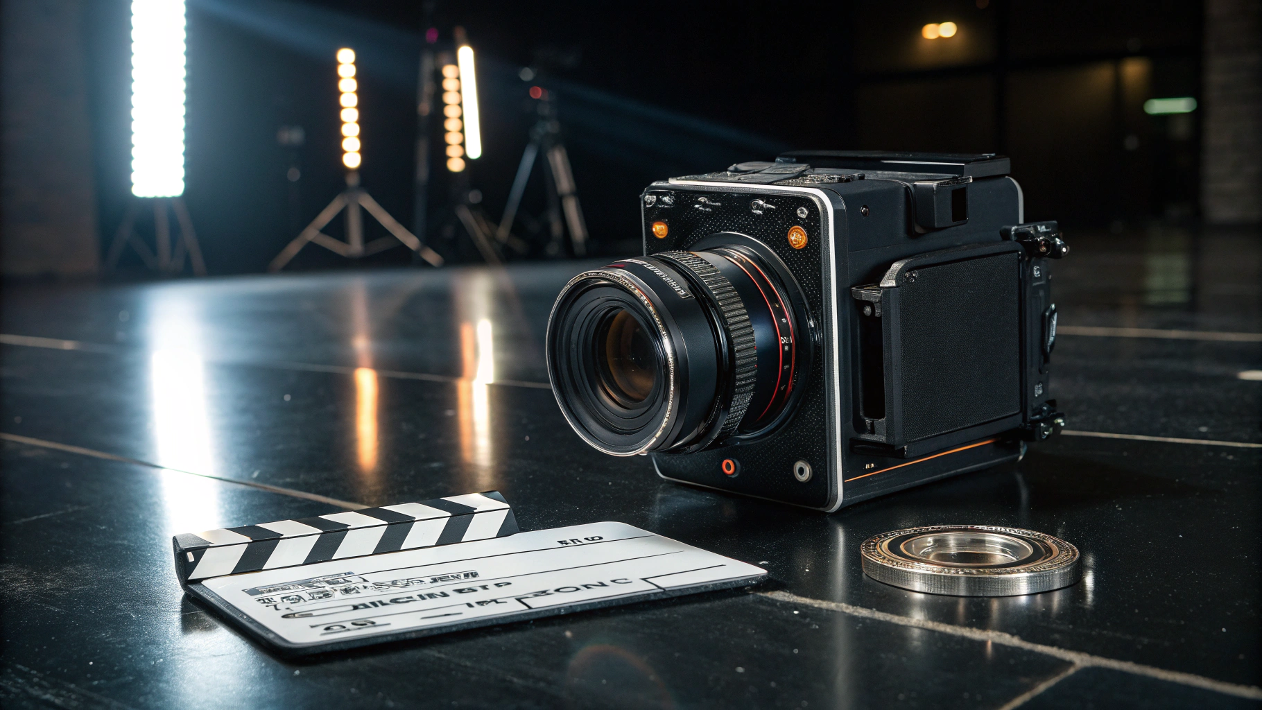 Professional cinema camera on a film production set with cinematic lighting