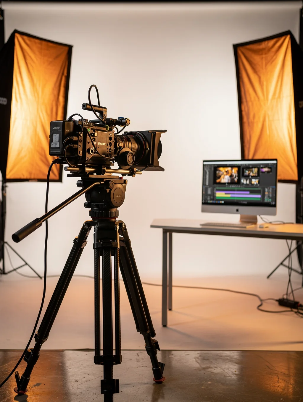 Professional cinema camera rig in a dark studio with brass highlights