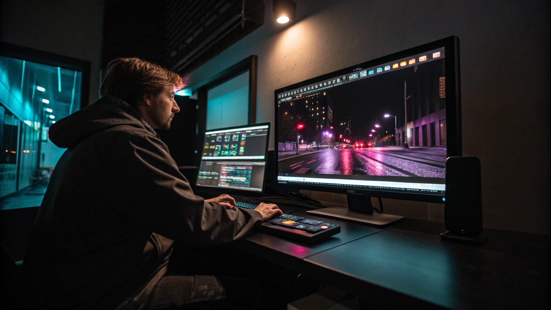Professional color grading suite with cinema‑grade monitors and editorial workstations