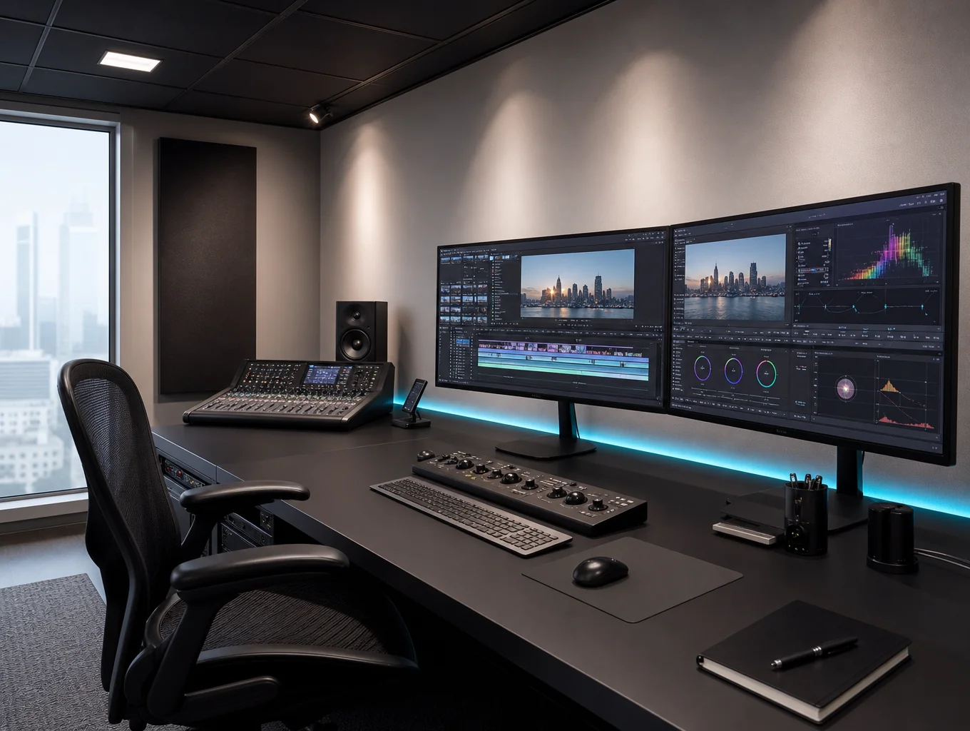 High-end editing suite with brass accents and cinematic lighting