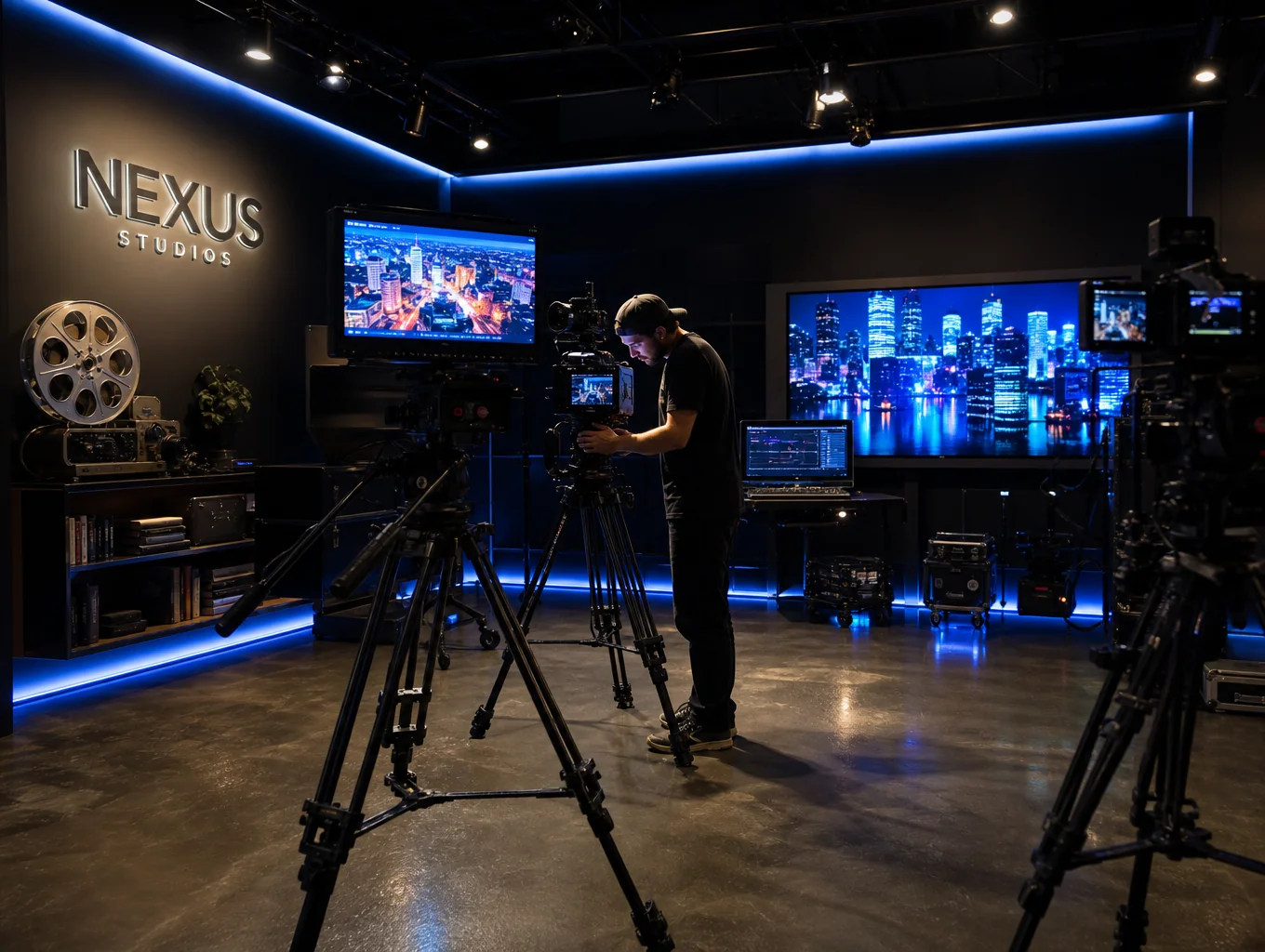Lotta Mo Media production suite with high-end monitors and brass accents