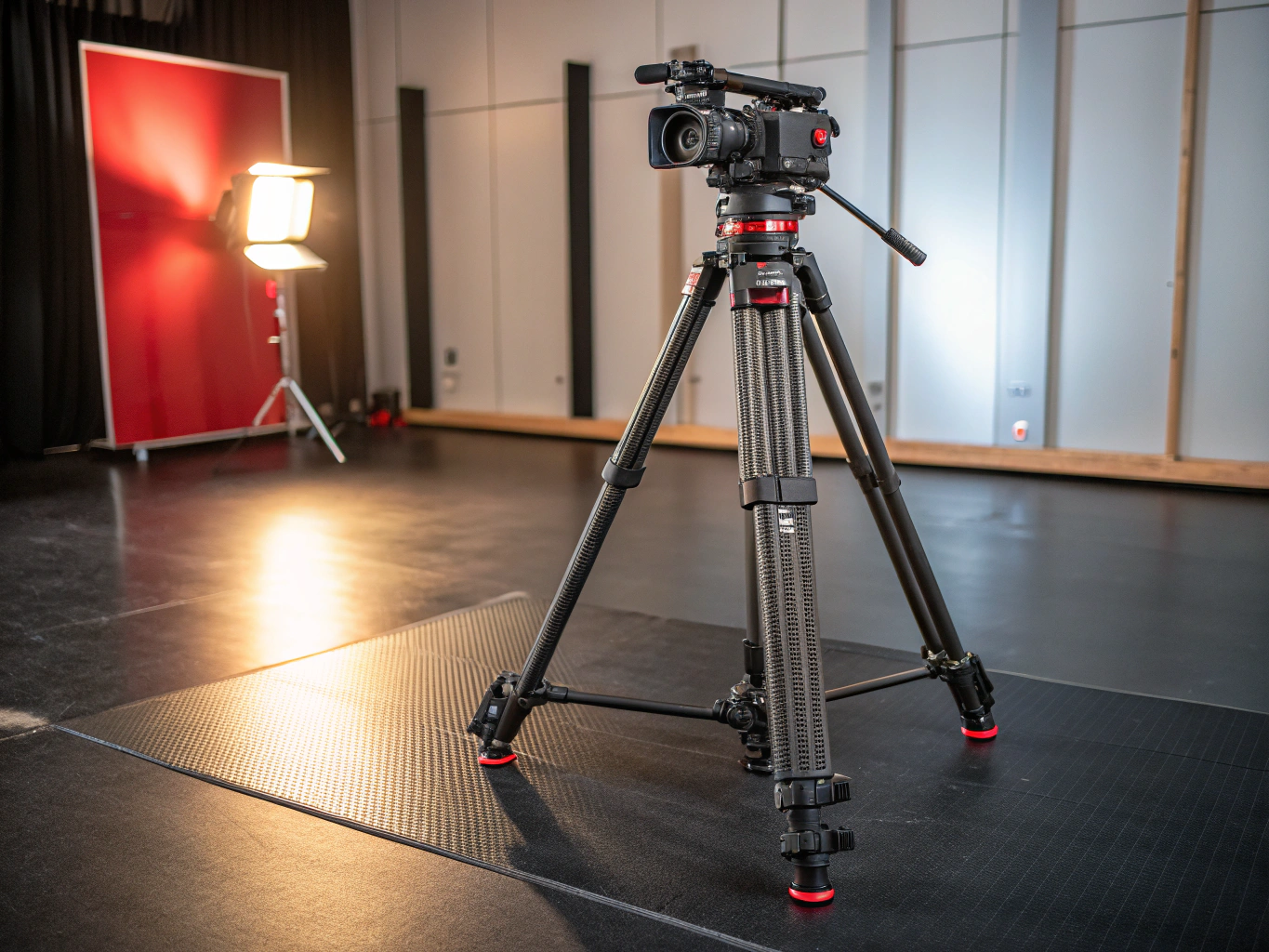 Professional cinema camera on a dark, polished studio set